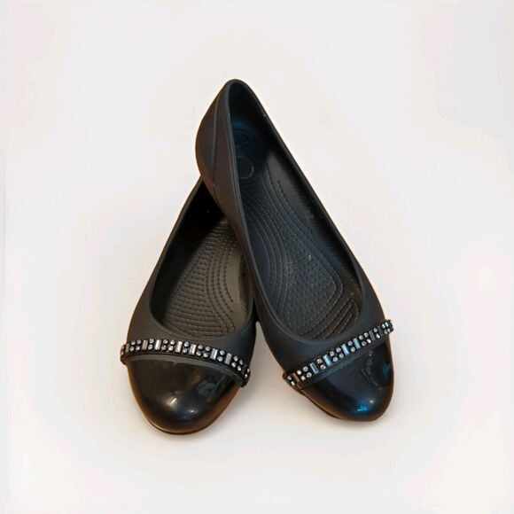 Crocs Cap Toe Ballet Flats Shoes Womens 6 Black Rhinestones Comfort Slip On - Picture 1 of 6